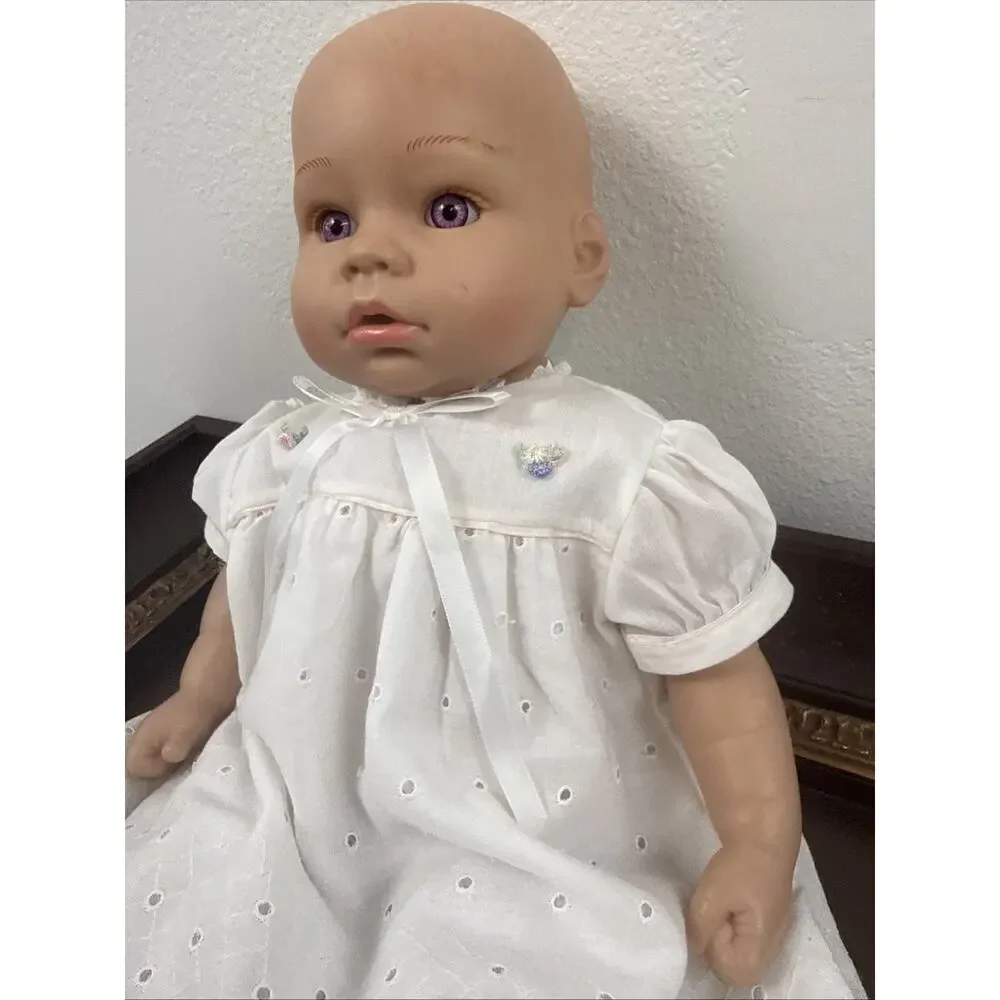 Madame Alexander 2018 Baby Doll Purple Eyes White Christening Baptism Gown Dress
